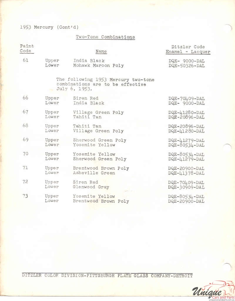 1953 Mercury Paint Charts PPG 2